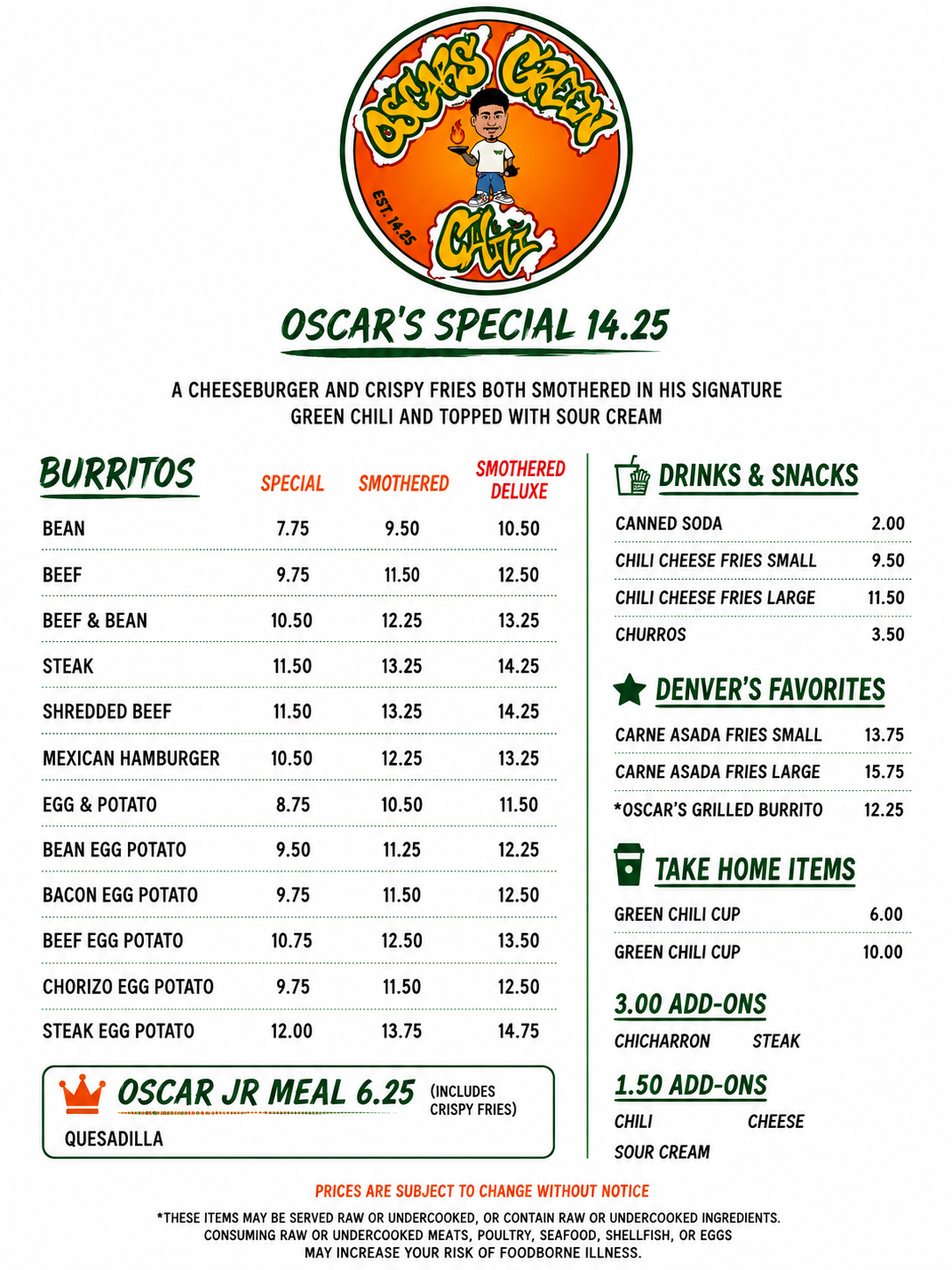 Oscar's Green Chili full menu with prices — burritos, hamburgers, drinks, snacks, Denver's favorites, take-home items, and add-ons